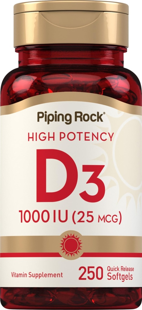 Piping Rock Vitamin D3 1000IU høy styrke (25mg) 250 Softgels ikke-GMO, Glutenfri Supplement