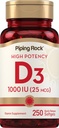 Piping Rock Vitamin D3 1000IU høy styrke (25mg) 250 Softgels ikke-GMO, Glutenfri Supplement