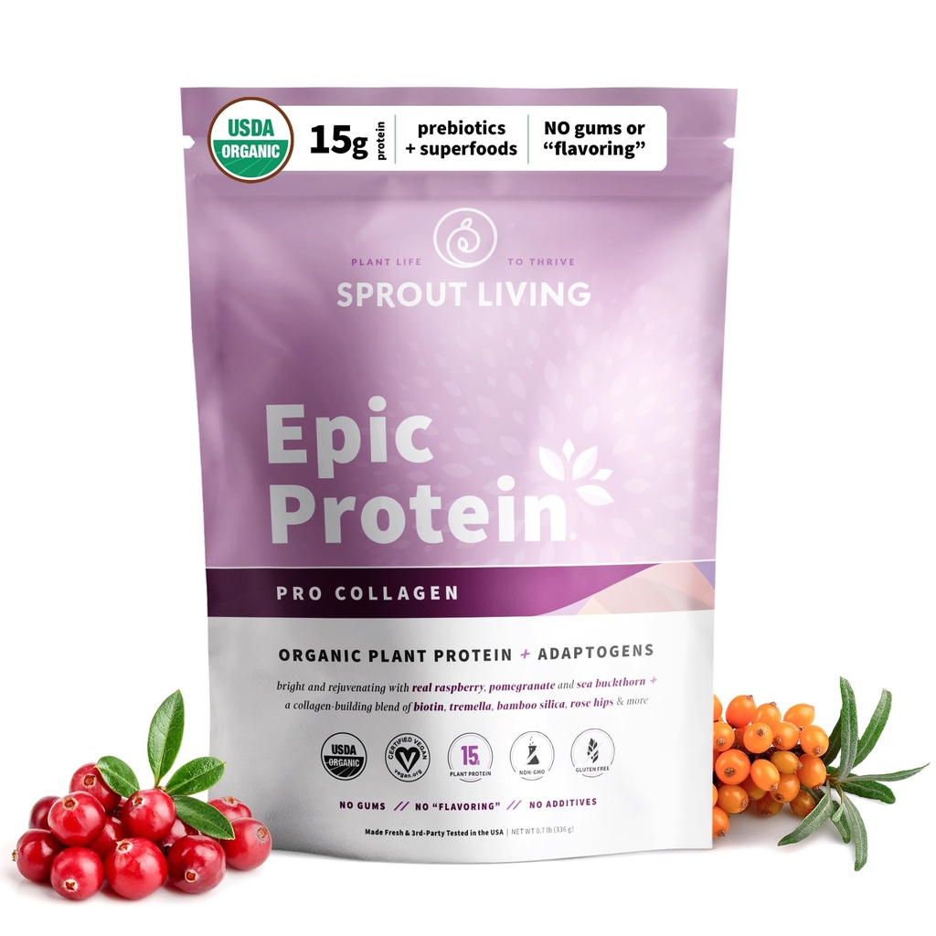 Sprout Living Epic Protein, Plant Basert Protein & Superfoods pulver, Pro Collagen, Berry | 15 Grams Organisk Protein pulver, Vegansk, Ikke-Dærlig, Ikke-GMO, Glutenfri, Lav Sukker (0,7 pund, 12 Serveringer)