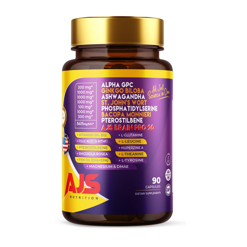 AJS Alpha GPC Nootropic Brain Supplement,Phospatidylserin,St. John'sWort Ginkgo Biloba,Ashwagandha,Bacopa Monnieri,Pterostilbene,Magnesium Glycinate,Ginkgo Biloba,5-MTHF,Huperzine A 60CT,90 kapsler