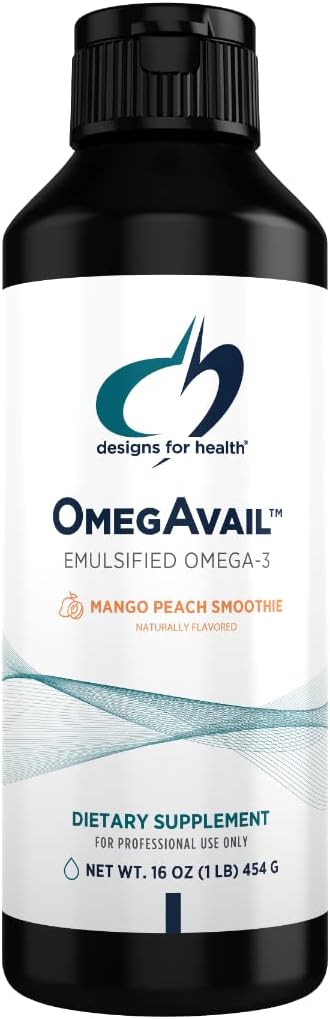 Designer for Helse OmegAvail Smoothie - Omega 3 TG Triglycerid Fish Oil Emulsjon med DHA + EPA - Flytende kosttilskudd for kardiovaskulær + hjernestøtte, Mango Peach Flavor (43 Serveringer / 16oz)
