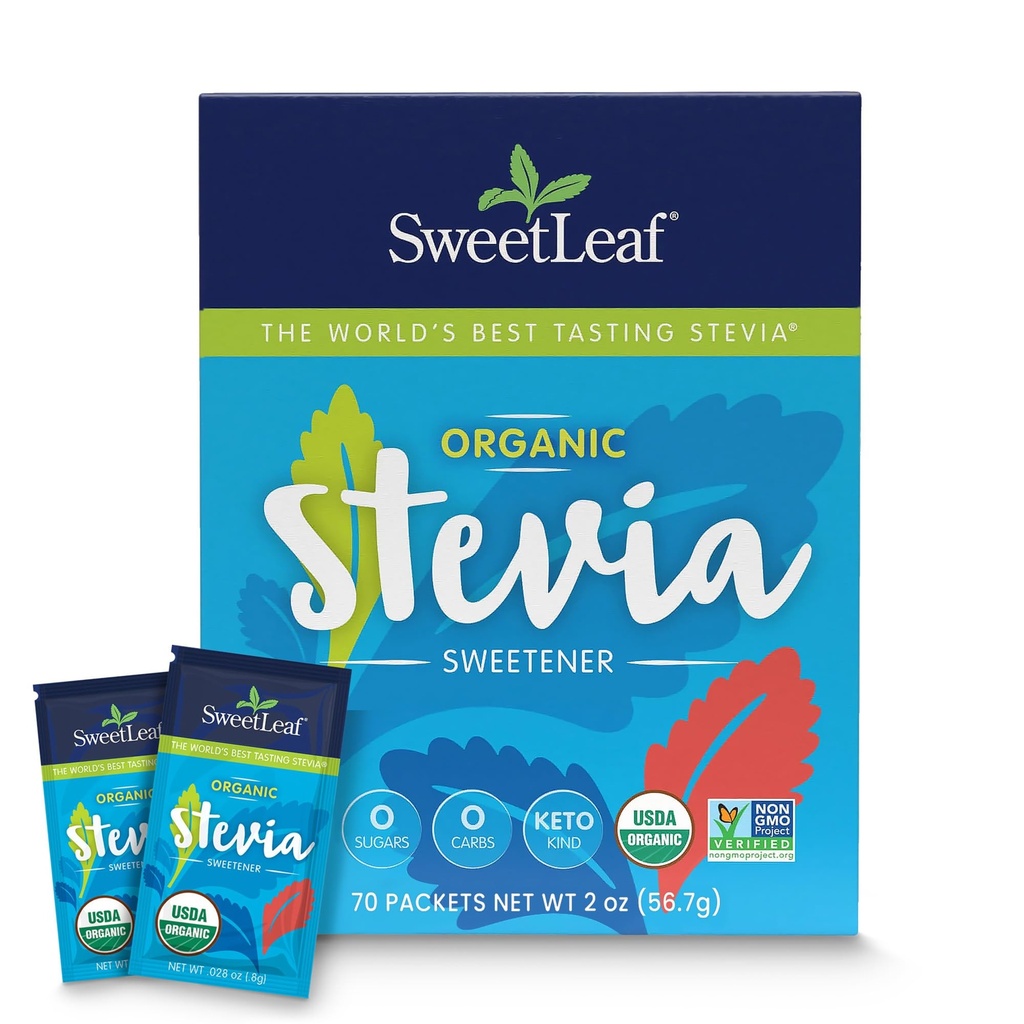 SweetLeaf Organic Stevia Powder Packets - Zero Calorie Sweetener med Stevia Leaf Extract, Ingen kunstige Sweetener Additiv, Sukkerfri, Keto Vennlig, Ikke GMO, Glutenfri - 70 Pakninger (Pack of 1)