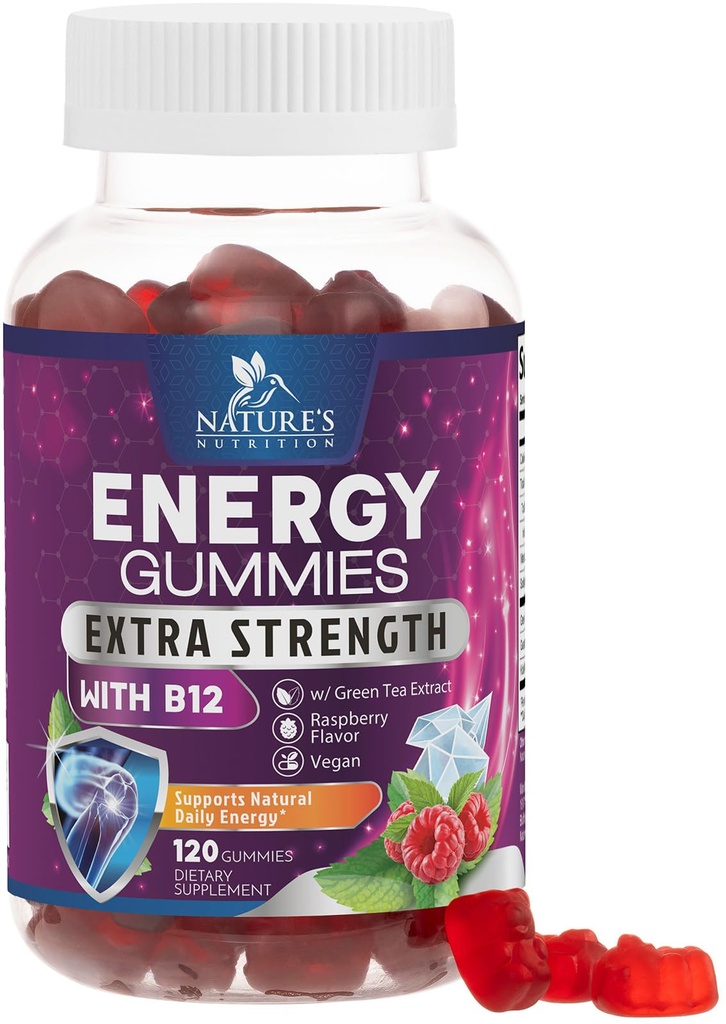 Energi Gummies 1000mcg - med vitamin B12, grønn te naturlig kaffe støtte, daglig energi Gummies - Delicious Berry Flavor B12 Chewable øvelsestillegg for løping sykling og sport - 120 Chews