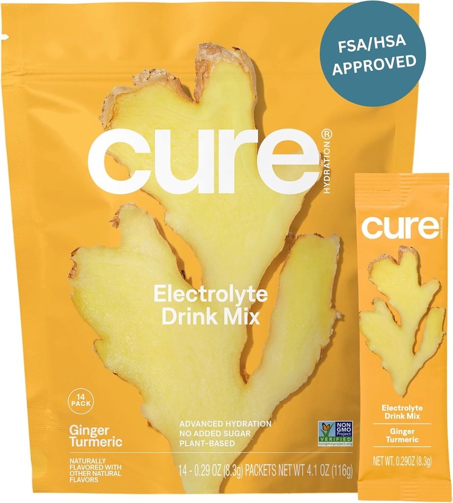 Cure Hydration | Plantebasert Electrolyte Drink Mix | Ingen tilsatt sukker | FSA-HSA | Dehydrering Relief pulver laget med kokosvann | Ikke-GMO | Vegansk | Pouch av 14 pakker - Ginger Turmeric