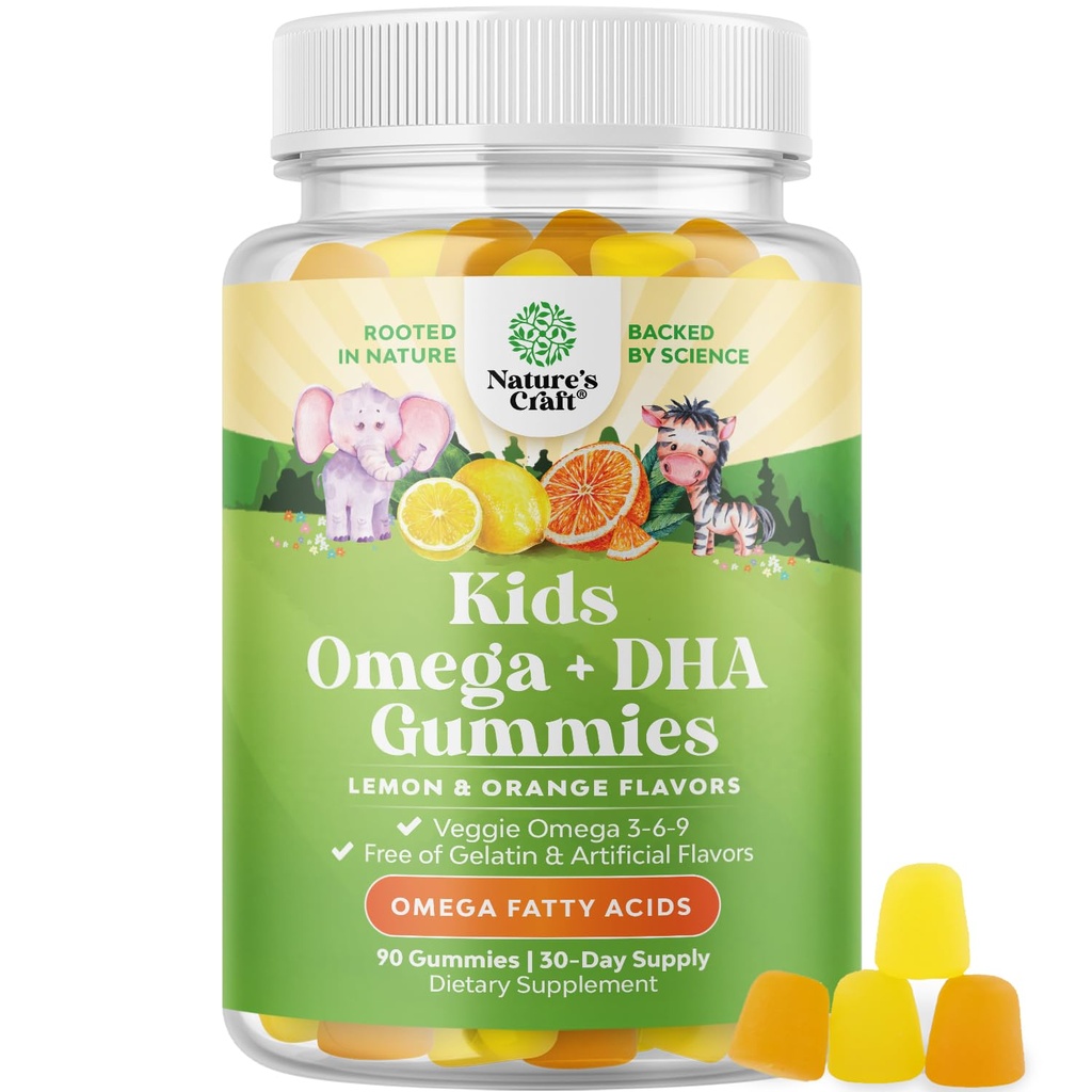 Kids DHA Omega 3 Gummies for barn - Delicious Fish Free DHA Omega 3 Gummies med vegetarisk 6 9 for visjon hjerne og immunitet - ikke GMO Supplement Fish & Glutenfri 1 måned