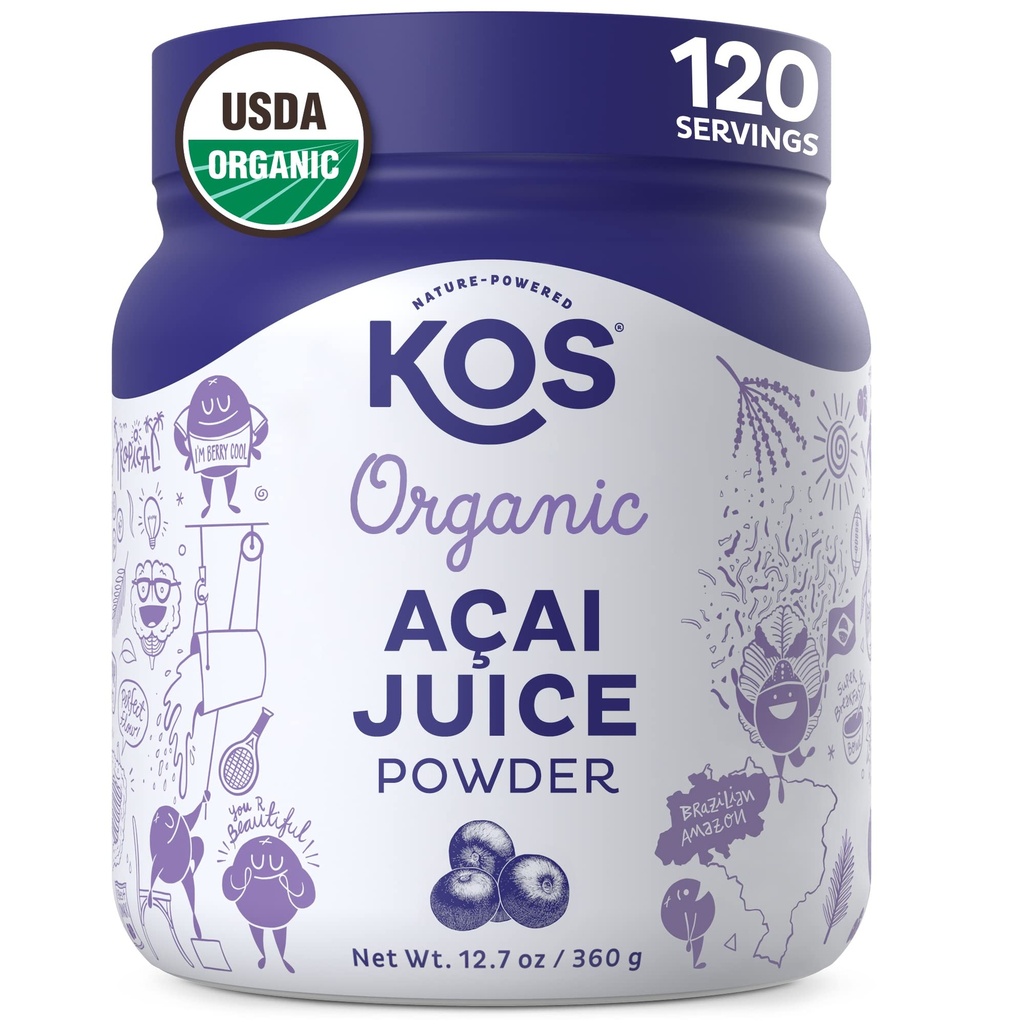 KOS Organic Acai Juice pulver - USDA Certified Organic, Plant Basert Superfood Antioksidanter, Superberry fra Brasil, Flott for Smoothies og Bowler, 0g Sukker, Vegansk, Glutenfri, Ikke-GMO - 120 Services
