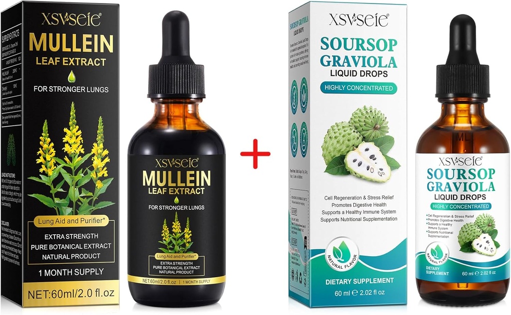 Mullein Drops for Lungs Cleans og Soursop Bitters Væske,Mullein Leaf Ekstrakt Tinktur med Klorofyll,Soursop Multivitamin Drops,Naturlig Herbal Supplement for menn og kvinner