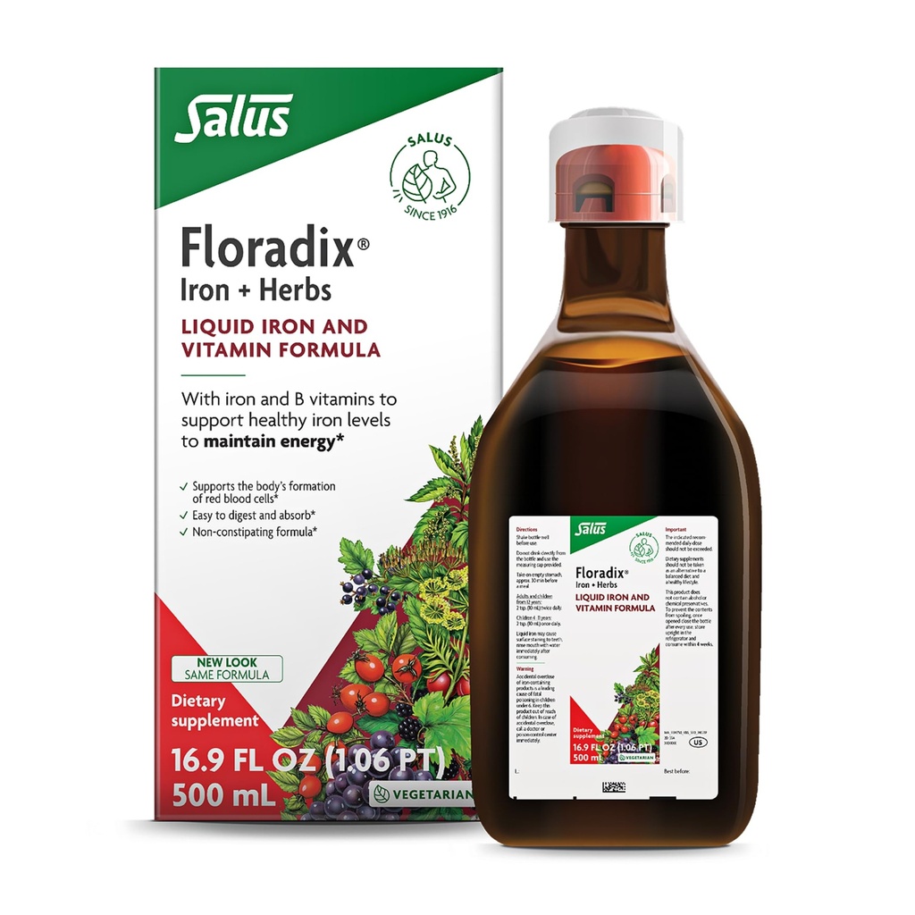 Floradix jern og urter - flytende herbal Supplement for energistøtte - jerntilskudd med vitamin C & vitamin B kompleks - for menn og kvinner - 16,9 fl oz