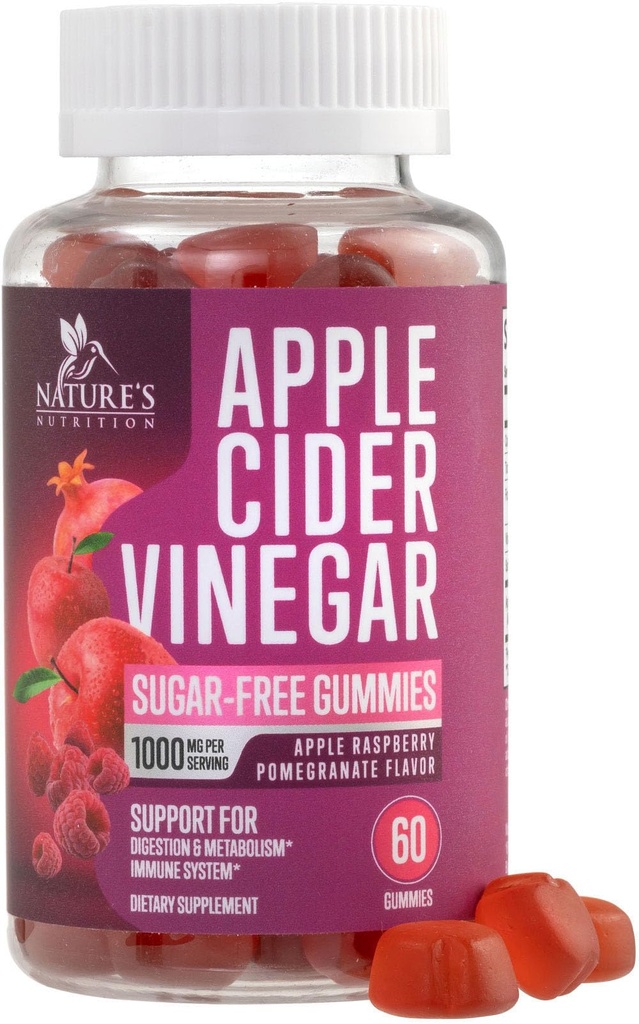 Apple Cider Vinegar Gummies 1000mg per servering - sukker gratis Max styrke ACV Gummy vitaminer Supplement, Avansert formel, vitamin B12 støtter metabolisme og energi, ketovennlig, vegansk, 60 gummier