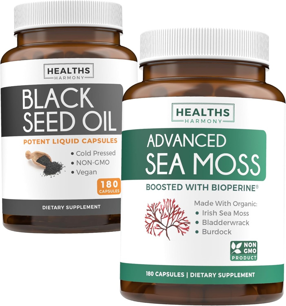 Svart Seed Oil & Irish Sea Moss (3-måneders forsyning) - Strøm Duo Bungle av svart frøolje (180 kapsler) Kaldpresset Nigella Sativa & Irish Sea Moss (180 kapsler) med Bioperine og Bladderwrack