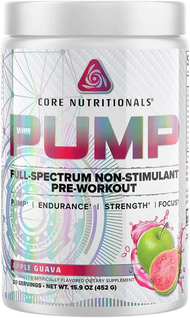 Core Nutritionals Pump Full-Spectrum Non-Stimulant Pre-Workout, med N03T Nitrat, Peak02, Alpha GPC, for maksimal pumpe, styrke og ytelse 20 Services (Apple Guava)