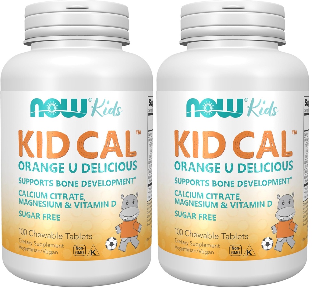 NÅ Kosttilskudd, Kid Cal med kalsiumcitrat, magnesium og vitamin D, Tart Orange, 100 Chewables, emballasje May Vary (Pack of 2)