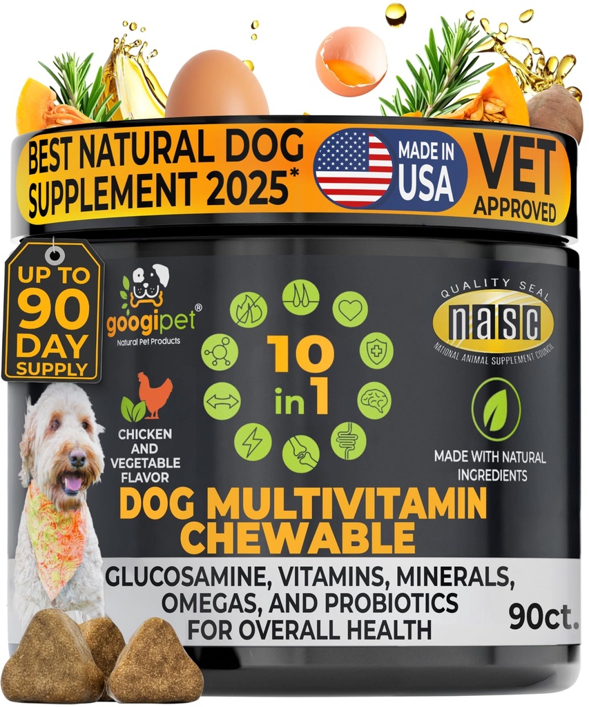 Googipet Premium 10 i 1 Hundevitaminer Multivitamin Chewable med Probiotika for Gut Helse, Hundevitaminer og kosttilskudd w/Vitamin C & Glukosamin for felles støtte (Chicken & Grønnsaker Flavor)