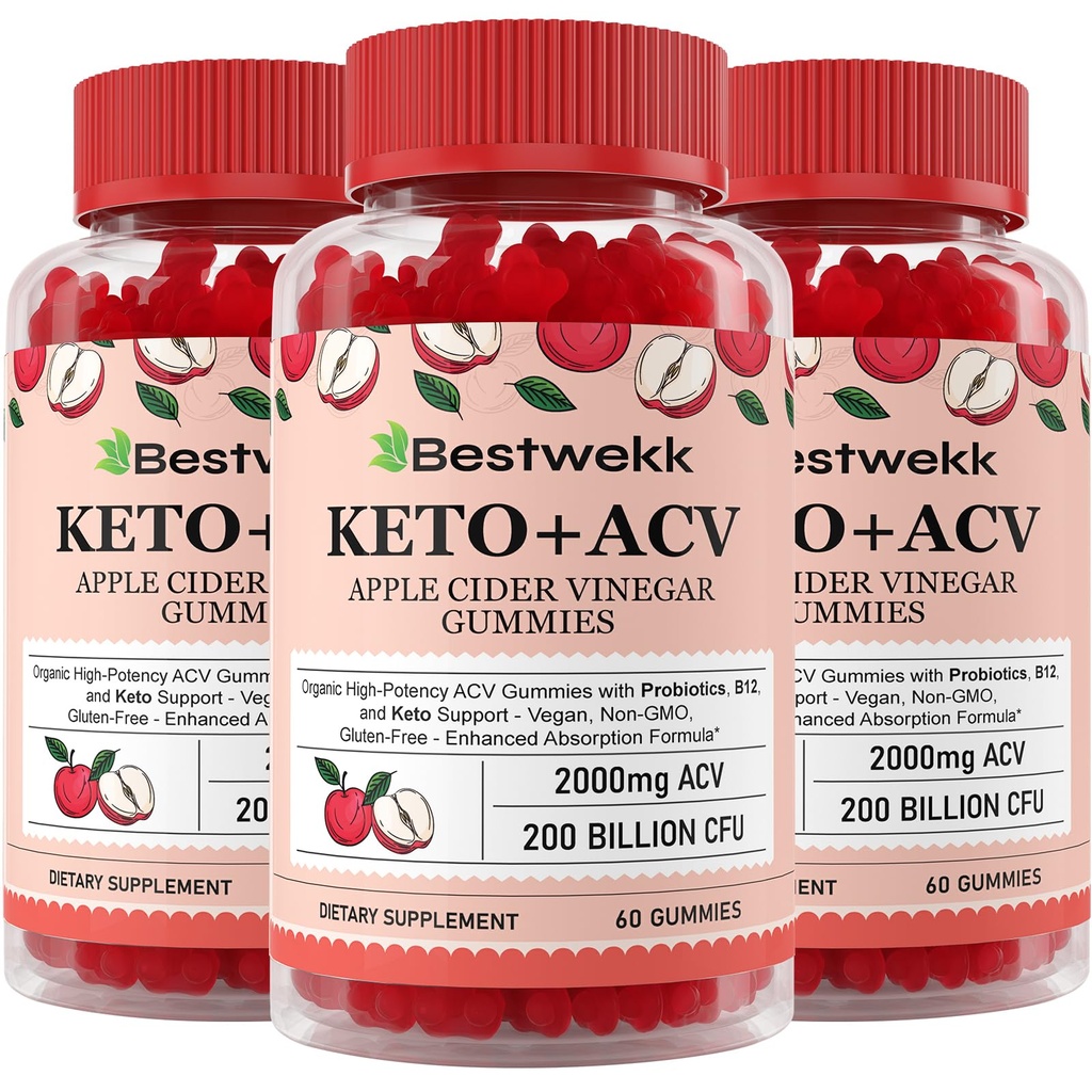 Apple Cider Vinegar Gummies, Maks styrke 2000 mg ACV Gummy med Probiotika, B12 og Keto støtte, For Digestion, Metabolisme, Detox, Gut & Immune Helse, Gelatin-fri, Ikke-GMO, 180 keto acv gummi