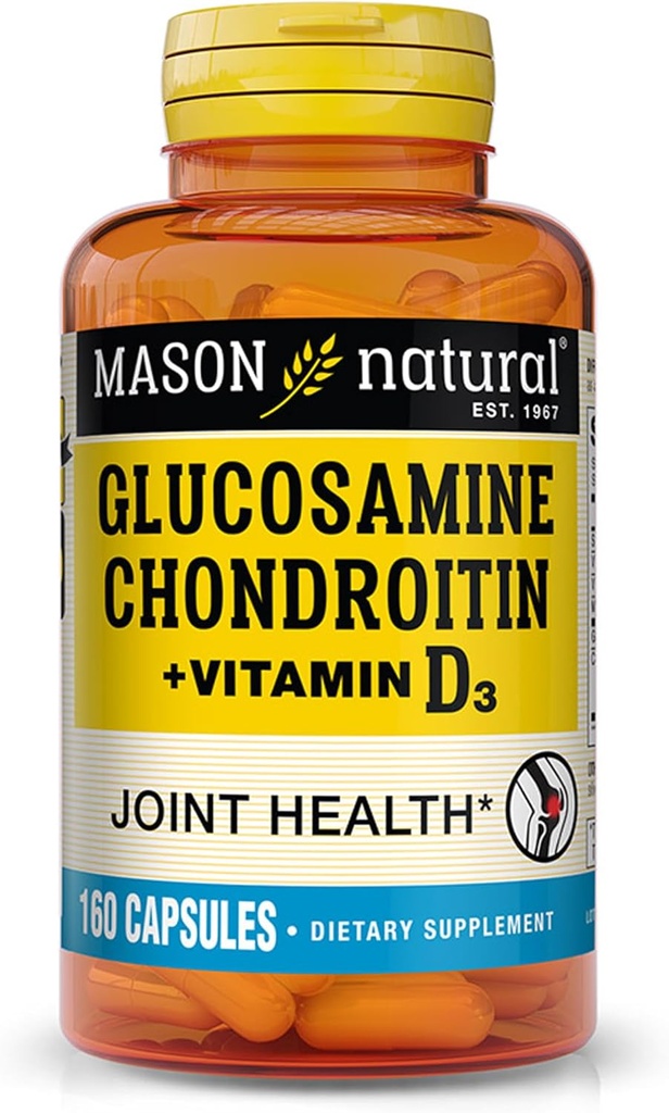 MASON NATURAL Glukosamin Chondroitin Plus vitamin D3 - støtter felles- og beinhelse, forbedret mobilitet og fleksibilitet, 160 kapsler
