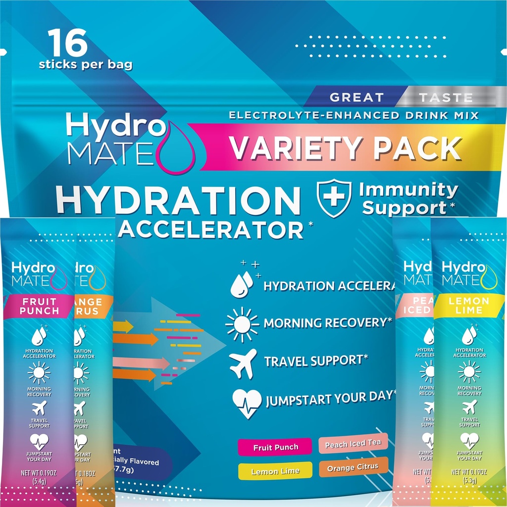 HydroMATE Electrolyte pulver Variety Pack Hydration Packets Lavt sukker 16 Count