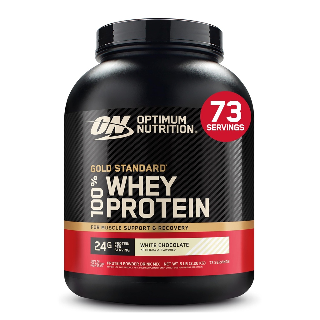 Optimum Ernæring Gull Standard 100% Whey Protein pulver, hvit sjokolade, 5 pund (Packing May Vary)