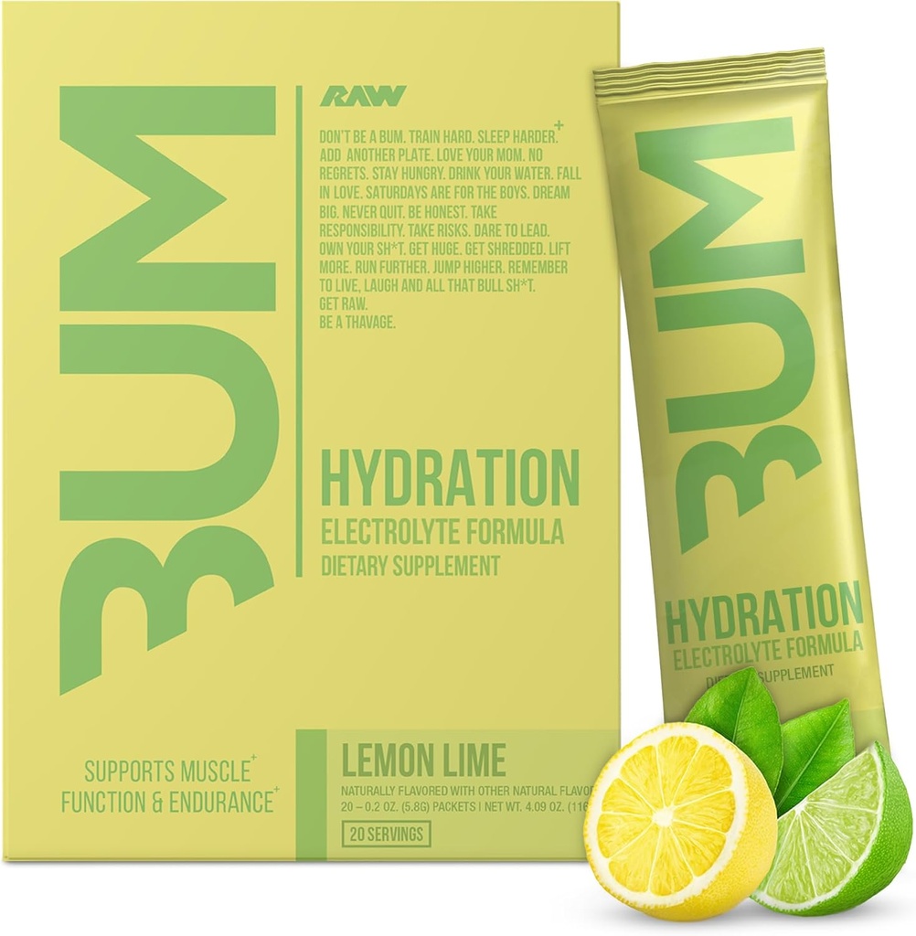 RAW Electrolytes pulver Hydration Drink Mix Packets, Bum Hydrate (Lemon Lime, 20 serveringer) - Electrolyte Hydration Packets støtter muskelfunksjon og utholdenhet - Keto gratis elektrolyter pulverpakker