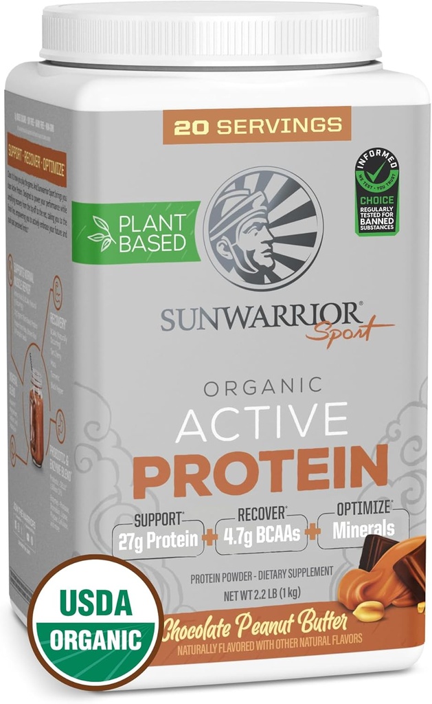 Sunwarrior Organic Plant Basert Protein pulver | Vegansk organisk protein pulver med BCAA Plus Recovery Minerals & Botanicals | Ikke-GMO Soja Dairy & Glutenfri (Chokolate Peanut Smør, 20 Services)