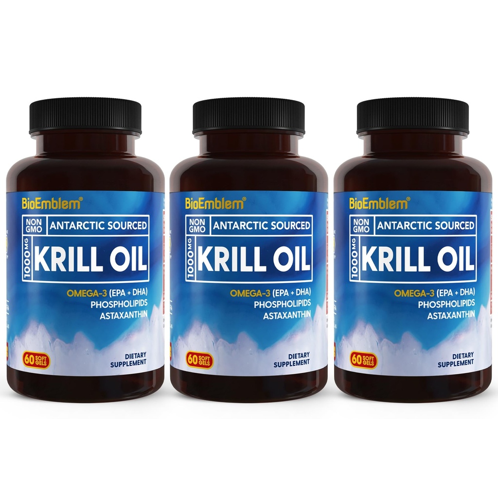 BioEmblem 3 Pack Antarctic Krill Oil 1000mg Softgels, Omega-3s Olje med høye nivåer av EPA + DHA, Astaxanthin og Fosfolipider, støtter hjernens helse, 180-talls ikke-GMO, Glutenfri, 90 dagers forsyning