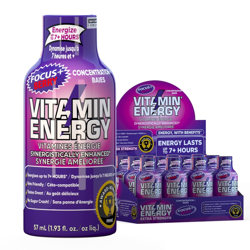 Vitamin energi fokus + Extra styrke energi Shot Berry 12 Pack, 260 mg naturlig koffein, B-vitaminer, CoQ10, Aminosyrer, fokus, produktivitet og klarhet, null sukker, glutenfri, 1.93 fl oz