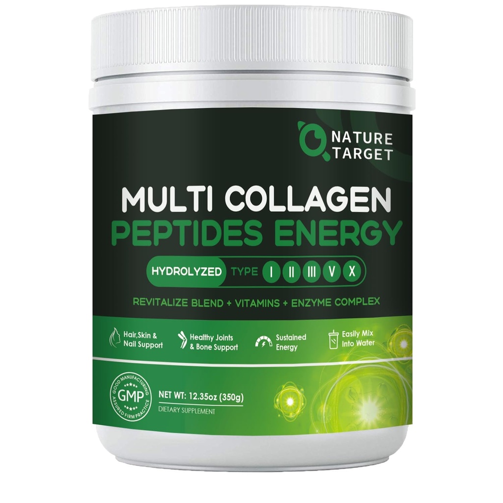 NATURE TARGET Multi-Collogen-Peptides-Powder - Hydrolysert kollagen med energi blanding + Multivitamin & Minerals, støtter energi hud hår negle & felles, ikke-GMO, 35 serveringer