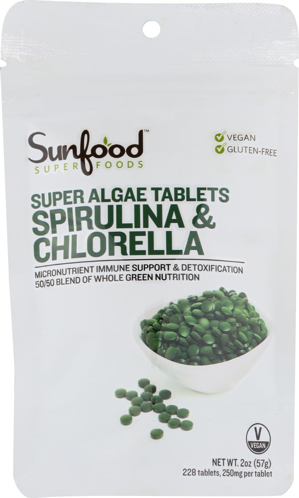 Sunfood Chlorella Spirulina Tabletter - Spirulina og Chlorella Powder Piller, Grønn Algae Supplement rik på Klorofyll, Broken Cell Wall, Vegan - 2 oz Bag