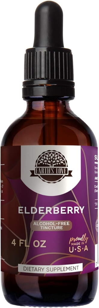 Jordens kjærlighet - Elderbær alkohol-fri urteekstrakt Tinktur, Super-konsentrert Elderbær (Sambucus Nigra) Tørket Berry (4 Fl Oz)