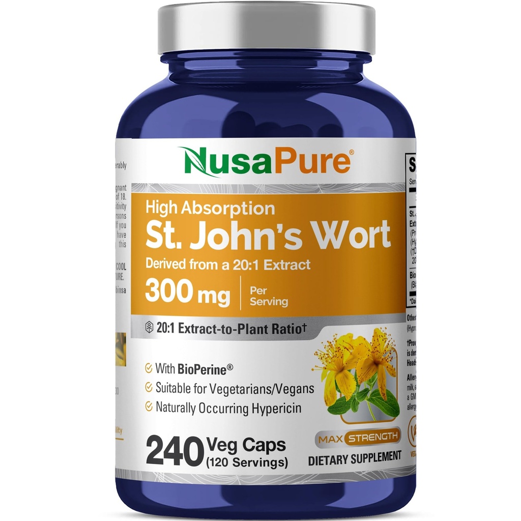 NusaPure St. John's Wort 20:1 Ekstrakt, 300 mg tilsvarende 6.000 mg 240 Veggie kapsler (vegetarian, ikke-GMO) Bioperin