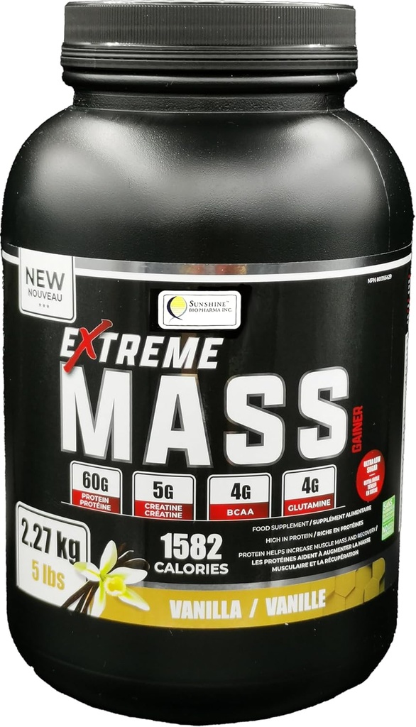 Ekstrem Mass Gainer Muscle Builder, 5 lb (2,27 kg) Lav sukker høy kalorier for Intense Workouts (Vanilla)