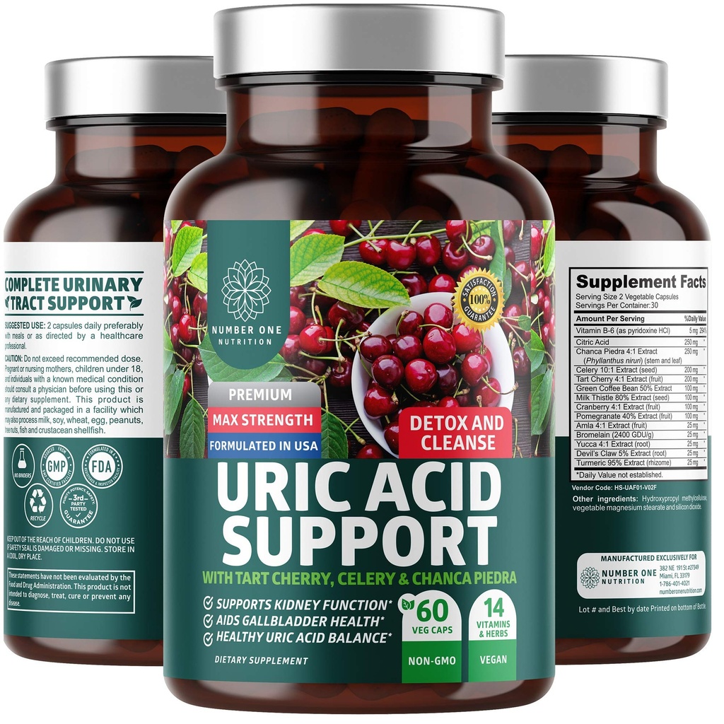 N1N Premium Uric Acid støtte Supplement [14X Potent urter] Alle naturlige nyre og uric syre renser med Tart Cherry, Melk Thistle, Cranberry, Celery, Chanca Piedra, 60 Veg Caps