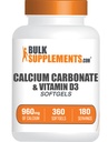 BulkSupplements.com Kalsiumkarbonat & vitamin D3 Softgels - kalsium og vitamin D3, kalsium og D3 Supplement for immunstøtte - Glutenfri, 2 Softgels per servering, 360 tall (pakke av 1)