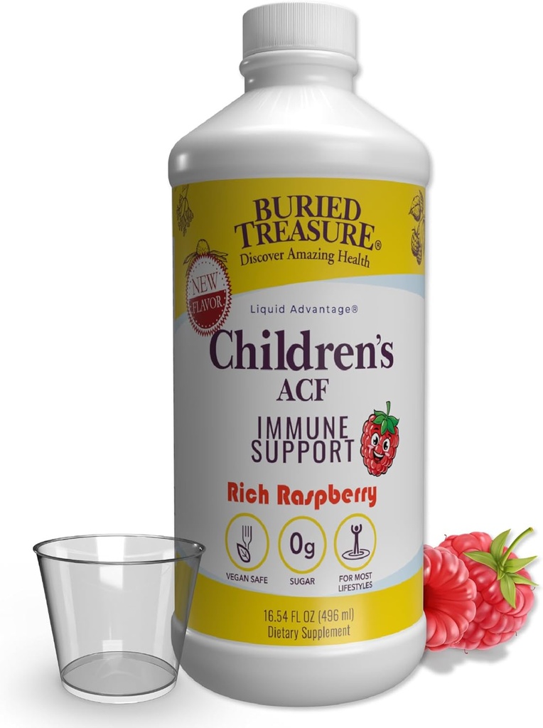 Begravet skatt barn ACF Avansert immunstøtte, Cherry Flavor, 16oz w/Dose Cup, immunforsterkning Supplement for barn, flytende herbal immunisme formel w/Vitamin C Elderberry Enchinacea Zink