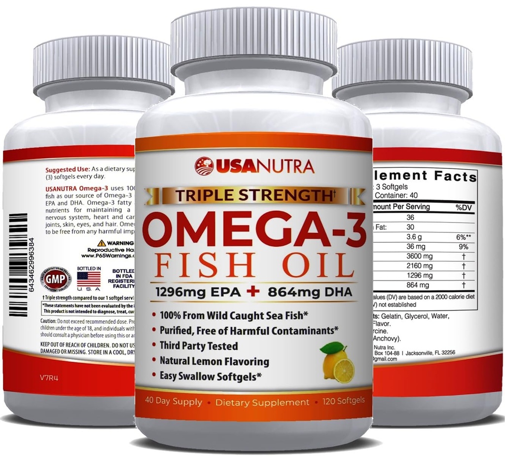 Omega 3 Fish Oil Supplement 3600mg med EPA og DHA for kvinner og menn støtter felles, hjerne og hjerte helse 120 Softgels, 40 dagers forsyning