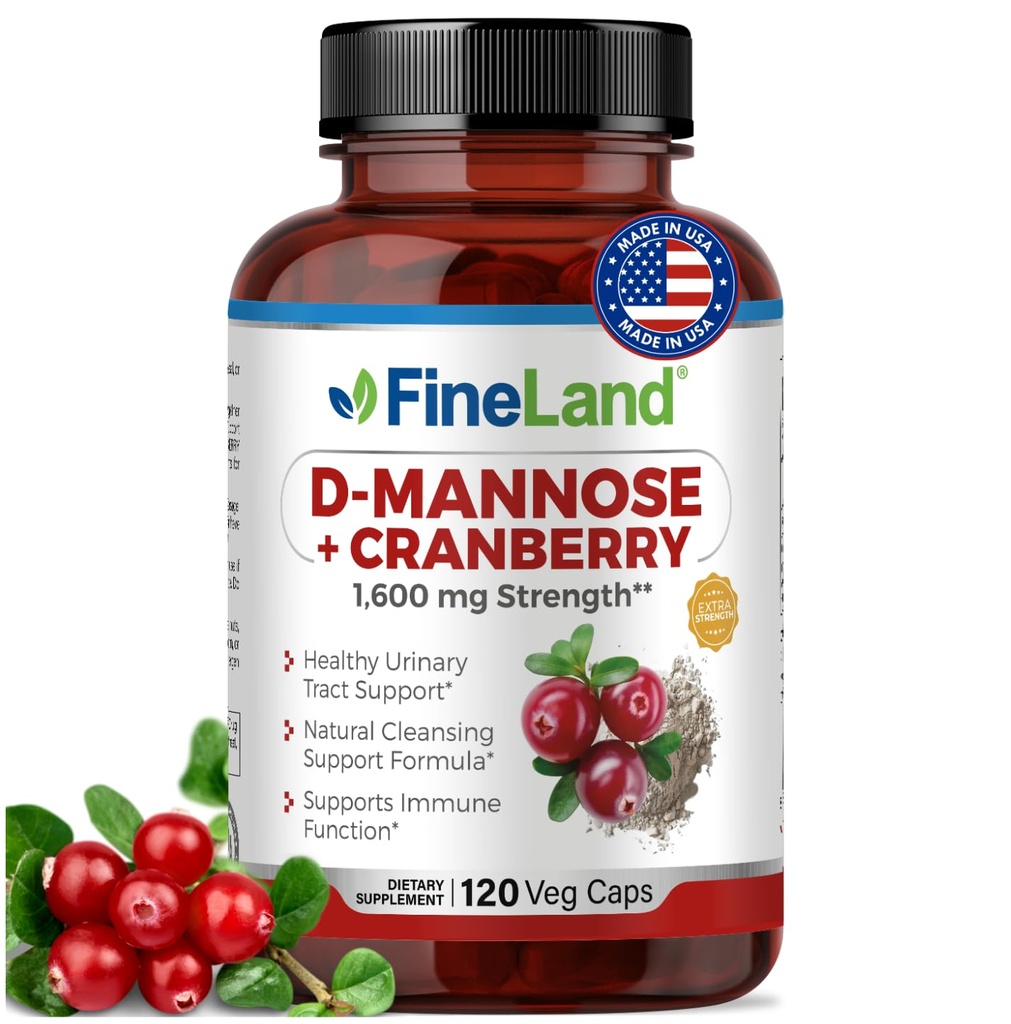 FineLand D-Mannose + Cranberry – 1600 mg per servering – 120 Vegan Capsules – Urin Tract & Bladder Helsestøtte – Ikke-GMO, Glutenfri, laget i USA