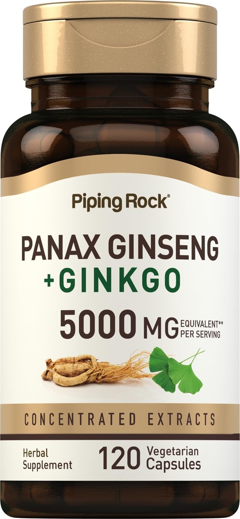 Piping Rock Panax Ginseng & Ginkgo Biloba Supplement | 5000 mg | 120 kapsler | med svart pepper ekstrakt | vegetarisk, ikke-GMO og glutenfri supplement