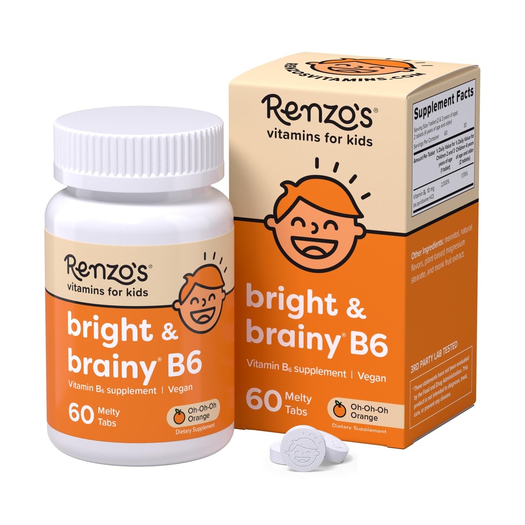 Renzos lyse og brainy vitamin B6, oppløsende barn vitamin B6, 60 sukker-fri meltefaner, Oh Oh Oh Oh orange flavored