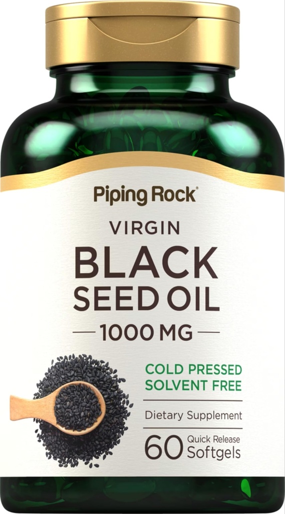 Piping Rock Svart Seed Olje Softgel Kapsler | 1000mg | 60 piller | Kaldpresset løsningsmiddel gratis | Ikke GMO, Glutenfri Supplement