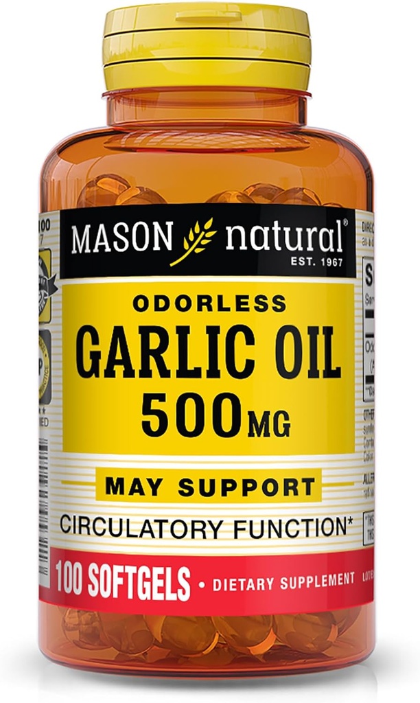MASON NATURAL Hvitolje 500 mg Odorless Allium Sativum Supplement - støtter sunn sirkulatorisk funksjon, 100 Softgels