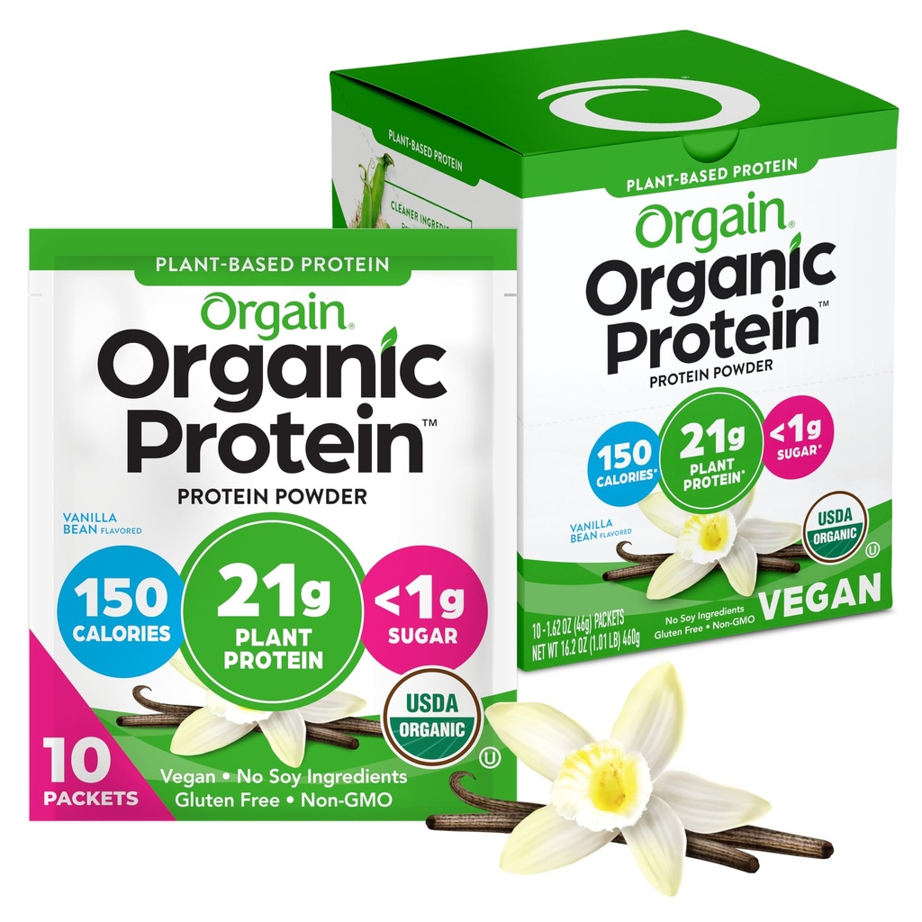 Orgain Organic Vegansk Protein pulver, Vanilla Bean - 21g Planteprotein, 5g Prebiotiske Fiber, Lavkarbohydrat, Ingen Laktose ingredienser, Ingen tilsatt sukker, ikke-GMO, For rister og smoothies, 10 reisepakker