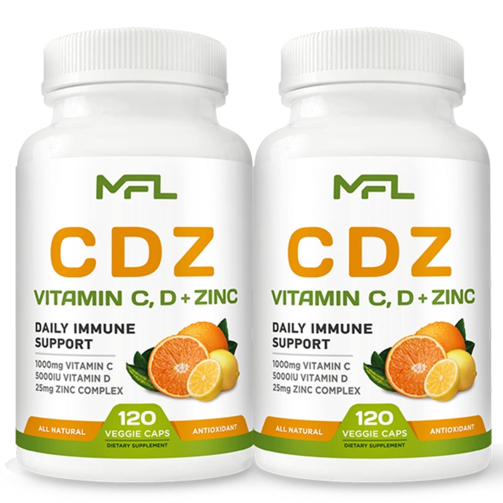 2 Pakke, C D Z  Vitamin Vitamin C, 1000 mg | Vitamin D3, 125mcg | Zink, 25 mg | Ikke-GMO & Glutenfri | 240 Serveringer