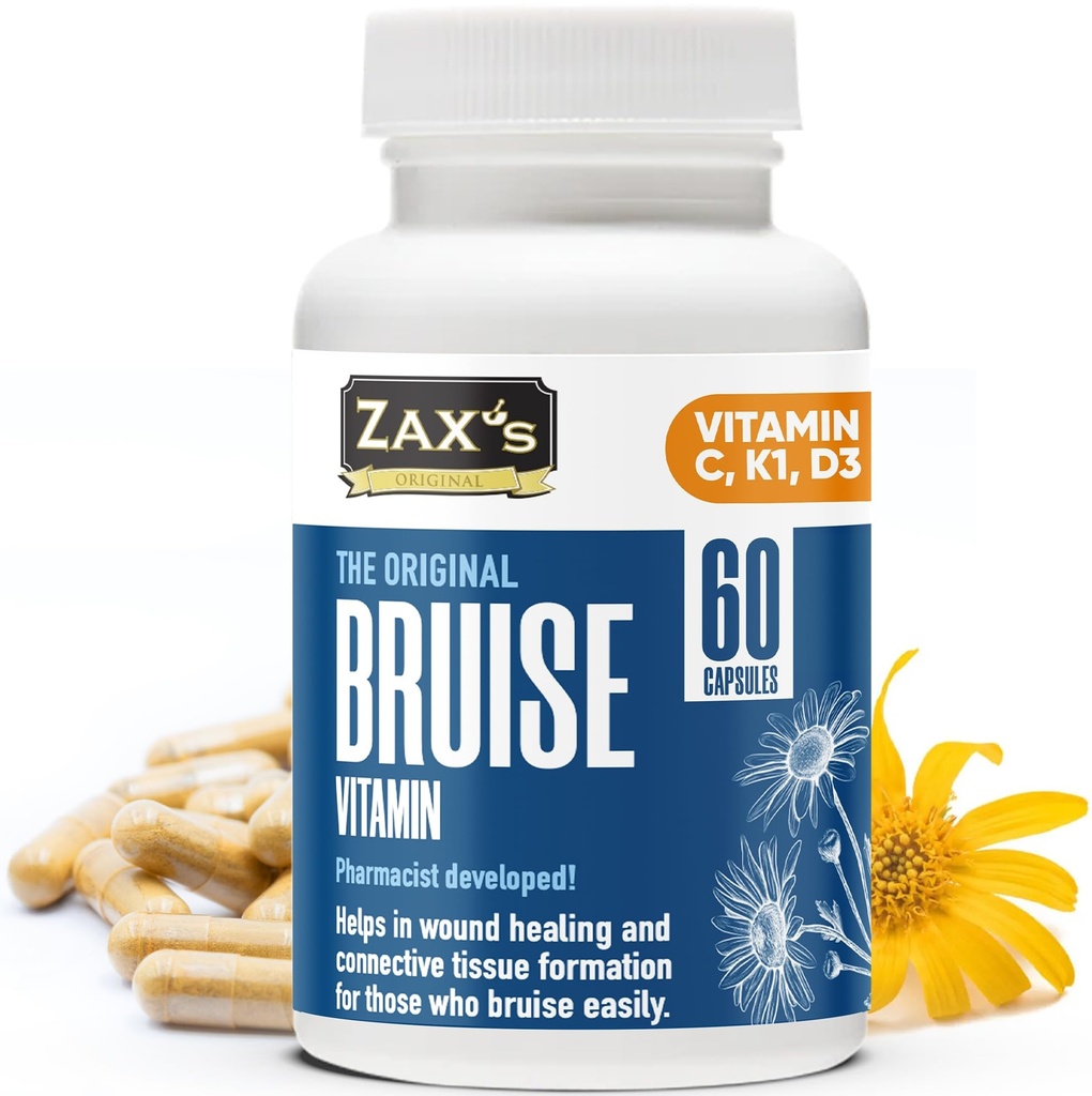ZAX'S Bruise Vitamin Pharmacist Utviklet Bruising kosttilskudd Potent Bruising Svelling Reduser, Sink, vitamin K, D3, Askorbinsyre, Citrus Bioflavonoider, 60 Caps, Kombinere Arnica Bruise Cream