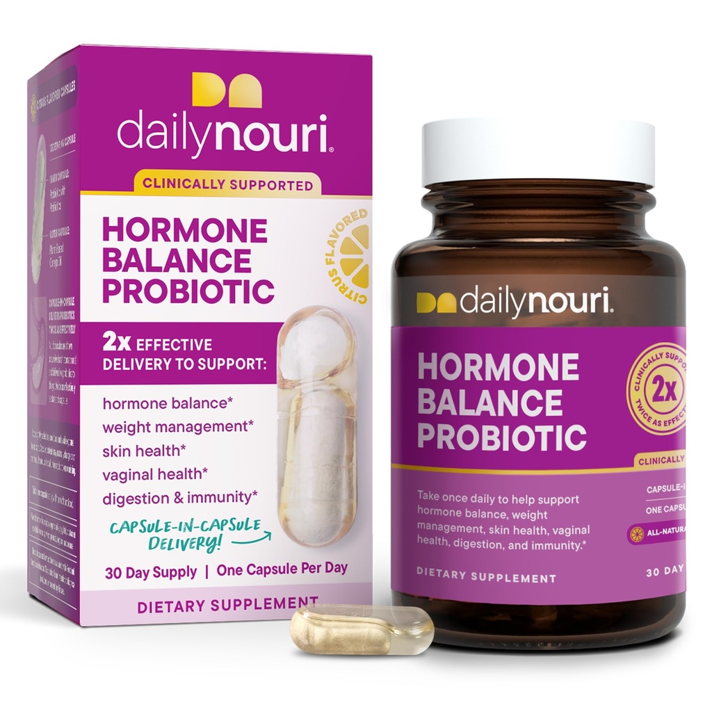 Daglig Nouri Hormon Balance Probiotic for kvinner | Støtter sunne østrogen, PMS, PCOS, Perimenopause, Vaginal pH, Yeast, Gut helse, hud og immunitet | 7 Strains + Vegan Omega olje | 30-dagers forsyning