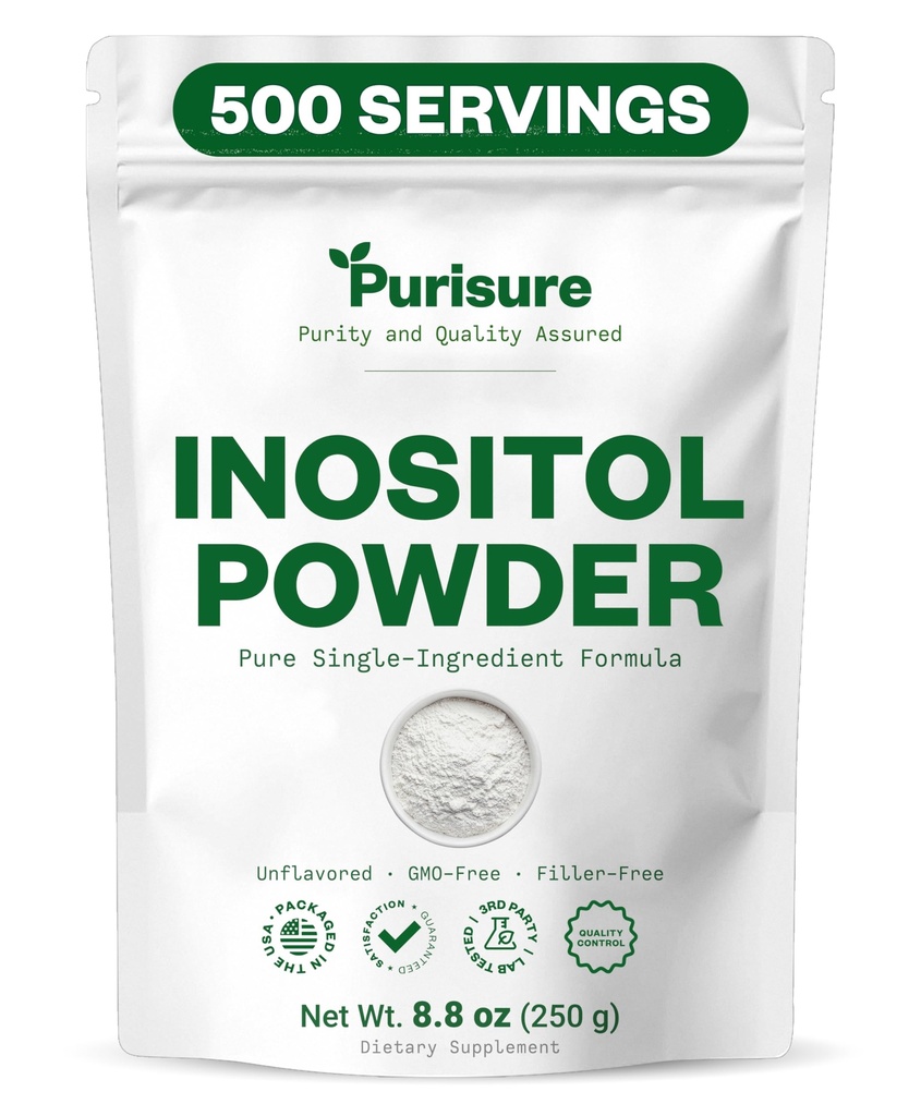 Purisure Myo-Inositol pulver, 250 g, fruktbarhet, hormonell balanse og ovarian støtte, ren inositol pulver, Myo Inositol Supplement for å støtte energi og hjerne velvære, vegansk, ikke-GMO, 500 serveringer