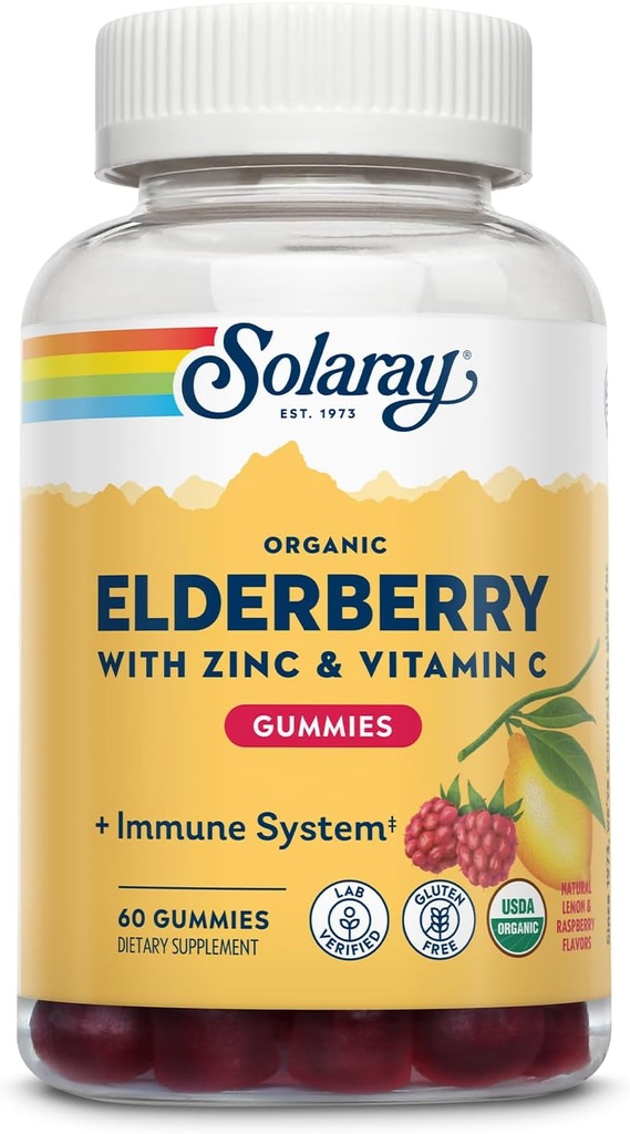SOLARAY Organic Elderberry Gummies w/Zinc & Vitamin C | Sunn Immune System Support | Glutenfri | 30 Serv, 60 Ct