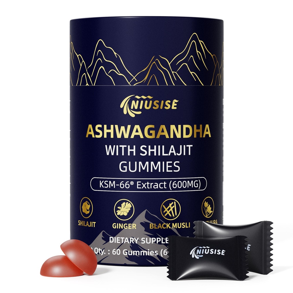 Ashwagandha Gummies med Shilajit 300mg for kvinner og menn, Zero sukker ashwagandha Supplements med Maca rot pulver | Organic ashwagandha Extra styrke for økt energi 60 gummier