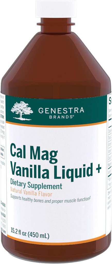 Genestra merker Cal Mag Vanilla Væske + | Kalsium-Magnesium Supplement | 15,2 fl oz.