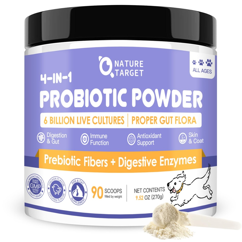 NATURE TARGET Probiotika for hunder - Hundeprobiotika, Plus prebiotiske, Digestive Enzymer, Fiber, Støtte Gut, Immune Helse, 6 milliarder CFU Hunde Probiotiske pulver, Relieve diarrea, Loose Stool, 90 Scoops