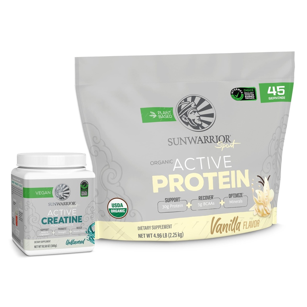 Solvarmeaktivt organisk protein pulver plantebasert vanilla flavored 45 serveringer og kreatinmonohydrat pulver 60 serveringer