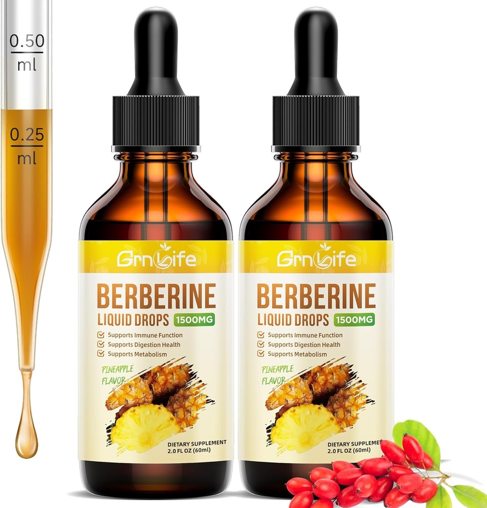(2 pakke) Berberin Supplement, 1500mg organisk Berberin flytende dråper med Ceylon Cinnamon, Bitter Melon - støtter immun- og metabolisme, Vegan, Pineapple Flavor-2 FL Oz